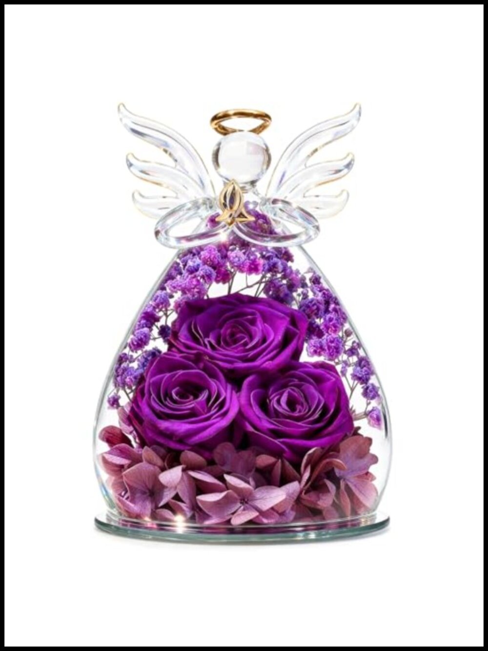 Preserved Rose in Glass Angel Figurine with LED Lights, Real Rose Gift for Mom